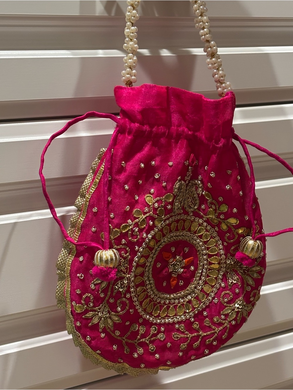 Hand Crafted Fuchsia Embellished Potli Bag with Pearl Handle